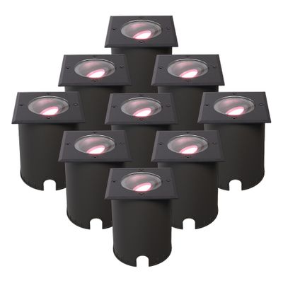 HOFTRONIC SMART Set van 9 Cody Smart Grondspots Zwart - GU10 5,5 Watt 345 lumen - RGB + WW - Wifi + BLE - Kantelbaar - Overrijdbaar - Vierkant - IP67 waterdicht