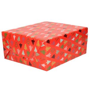 1x Rollen Kerst inpakpapier/cadeaupapier rood/gekleurde bomen 2,5 x 0,7 meter   -