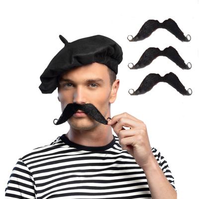 Carnaval verkleed snorren - 4x - fransman - met krullen - zwart - zelfklevende namaak snor