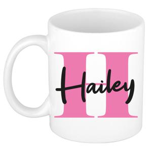 Naam mok Hailey - roze - wit - keramiek - 300 ml - verjaardag/cadeau beker