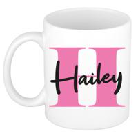 Naam mok Hailey - roze - wit - keramiek - 300 ml - verjaardag/cadeau beker