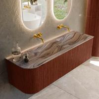 Badmeubel Mondiaz Kurve-Dlux | 145 cm | Meubelkleur Ruby | Wastafelkleur Sombra | Solid surface | Dubbel / Rechts spoelbak | Zonder kraangat(en)
