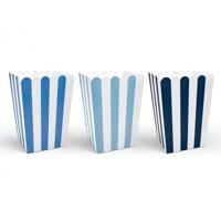 Gestreepte popcorn bakjes blauw - 12x stuks - 7,5 x 7,5 x 12,5 cm - Snoep bakjes