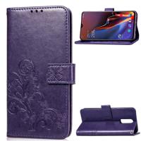 Lucky Clover ingedrukt bloemen patroon lederen draagtas voor OnePlus 6T met houder & kaartsleuven & portemonnee & hand strap (paars)