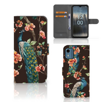 Nokia C12 Telefoonhoesje met Pasjes Pauw met Bloemen - thumbnail