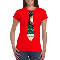 Fout kersttrui t-shirt - rood - met kerstboom stropdas - voor dames