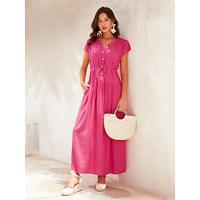 dames katoenen linnen roze rood roze jurk geplooide maxi-jurk met knoopsluiting in de taille en kraag