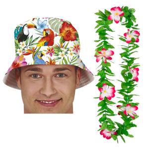 Carnaval verkleed set - Tropische Hawaii party - bucket hoedje - met bloemenslinger - volwassenen