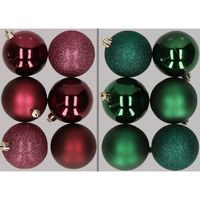 12x stuks kunststof kerstballen mix van aubergine en donkergroen 8 cm   -