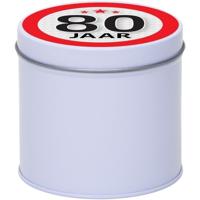 Cadeau koek of snoep blik - met 80 jaar opdruk sticker - 10 x 10 cm - Cadeauverpakking verjaardag
