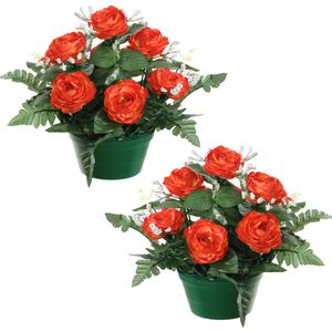 Kunstbloemen plantje rozen in pot - 2x - rood - 25 cm - Bloemstuk ornament - met bladgroen