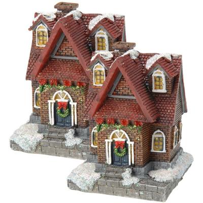 Verlicht kersthuisje - 2x - oranje bakstenen - polystone - 13 cm - kleur veranderende lichtjes - ker