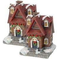 Verlicht kersthuisje - 2x - oranje bakstenen - polystone - 13 cm - kleur veranderende lichtjes - ker