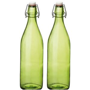 Bormioli rocco waterfles met beugeldop - Set van 2x stuks - groen transparant - 1000 ml - Giara home