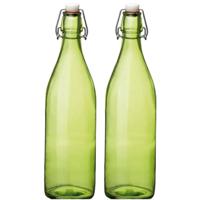 Bormioli rocco waterfles met beugeldop - Set van 2x stuks - groen transparant - 1000 ml - Giara home