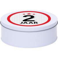 Leeftijd Snoeptrommel - koektrommel Cadeau - wit - rond blik - met 2 jaar sticker