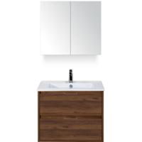 Porto Badmeubelset 70 cm - Walnoot - Keramische Wastafel Wit Slim met Spiegelkast