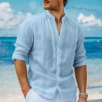 Voor heren Overhemd linnen overhemd Guayabera-shirt Overhemd met bandkraag Zomer overhemd Strand hemd Wit Marineblauw Groen Khaki Lange mouw Effen Band Kraag Lente zomer Casual Dagelijks Kleding Lightinthebox - thumbnail