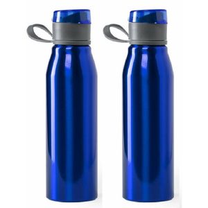 Aluminium waterfles/drinkfles - 2x - metallic blauw - met schroefdop - 700 ml