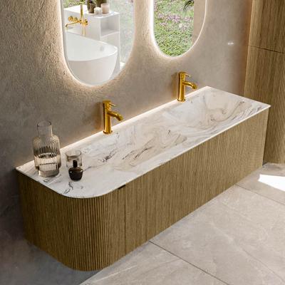 Badmeubel Mondiaz Kurve-Dlux | 145 cm cm | Meubelkleur Dusk | Wastafelkleur Glace | Solid surface | Dubbel / Rechts spoelbak | 2 kraangaten