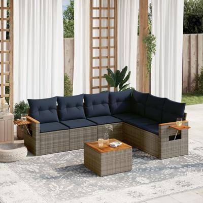 7-delige Loungeset met kussens poly rattan grijs