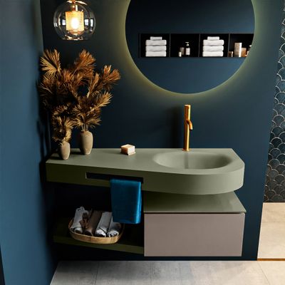 MONDIAZ RIVA 120cm badmeubel onderkast / planchet kleur Smoke met 1 lade. Wastafel DULCET rechts 1 kraangat kleur Army.