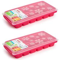 Tray met ijsblokjes - 2x - ijsklontjes vormpjes - 12 vakjes - kunststof - wit met deksel - roze