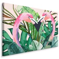 Schilderij - Flamingo's tussen tropische bladeren (print op canvas), roze/groen, 4 maten, premium print