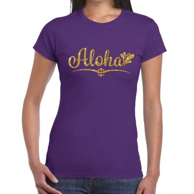 Hawaii verkleedkleding T-shirt - Aloha - paars - voor dames - met gouden letters