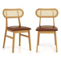 Set van 2 Gestoffeerde Houten Stoelen Mid-Century Interieur Stoelen met Kunstlederen Bekleding Elegante Rotan Rug voor Eetkamer