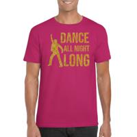 Verkleed Disco T-shirt voor heren - dance all night long - gouden glitter print - roze - 70 / 80