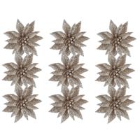 Kerstboom bloemen op clip - 12x stuks - champagne - 10 cm - kunststof - kerstornamenten