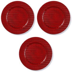 3x Kaarsenborden/plateaus rood gevlochten 33 cm rond