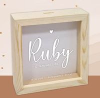 houten/ plexiglas spaarpot met naam en geboortegegevens