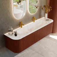 Badmeubel Mondiaz Kurve-Dlux | 170 cm cm | Meubelkleur Ruby | Wastafelkleur Frappe | Solid surface | Wasbak midden spoelbak | 2 kraangaten