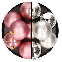 12x stuks kunststof kerstballen 8 cm mix van zilver en oudroze   - - thumbnail