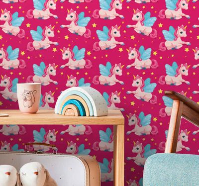 Behang kinderkamer Grappige roze gelukkige eenhoorn