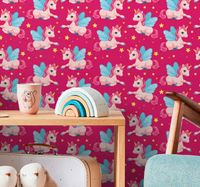 Behang kinderkamer Grappige roze gelukkige eenhoorn