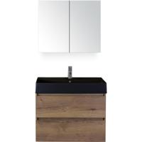 Maxx XL Badmeubelset 80 cm - Tabacco - Wastafel Kube Zwart 1 Kraangat met Spiegelkast