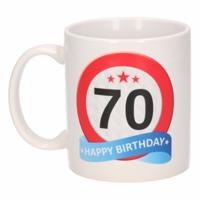 70 jaar Verjaardag koffiemok - cadeau beker - stopbord print - 300 ml - keramiek - wit
