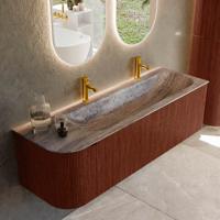 Badmeubel Mondiaz Kurve-Dlux | 145 cm | Meubelkleur Ruby | Wastafelkleur Oza | Solid surface | Wasbak rechter zijde spoelbak | 2 kraangaten