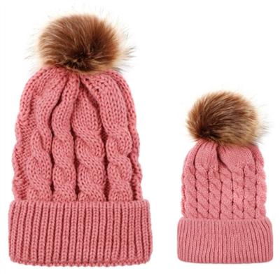 2 in 1 herfst en winter ouder-kind hoed set warme twist textuur gebreide muts met wol bal grootte: ouder-kind (roze)