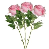 Kunstbloem pioenroos - 3x - roze - 76 cm - polyester - decoratie bloemen - thumbnail