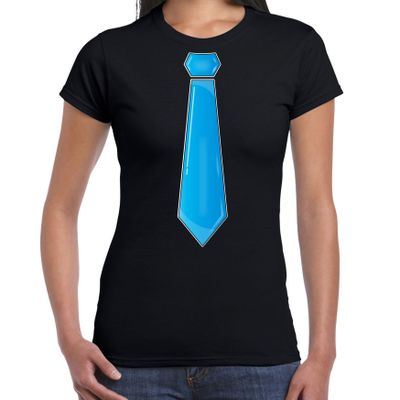 Verkleed t-shirt voor dames - stropdas blauw - zwart - carnaval - foute party - verkleedshirt