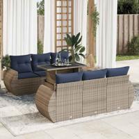 7-delige Loungeset met kussens poly rattan acacia grijs