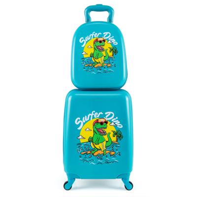2-delige Kinderkoffer Set Kinderbagage met Wielen 16" Handbagage & 13" Harde Rugzak Dinosaurus Blauw