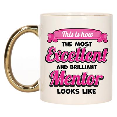 Cadeau koffie/thee mok - excellent leraar/mentor - goud/roze - keramiek - 300 ml