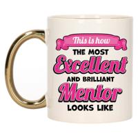 Cadeau koffie/thee mok - excellent leraar/mentor - goud/roze - keramiek - 300 ml