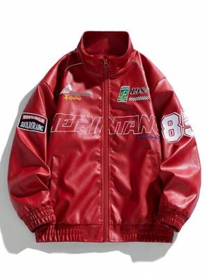 Bon&Bon Men's PU Leather Biker Jacket - Red Letter Embroidery Streetwear Red / L