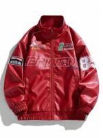 Bon&Bon Men's PU Leather Biker Jacket - Red Letter Embroidery Streetwear Red / L